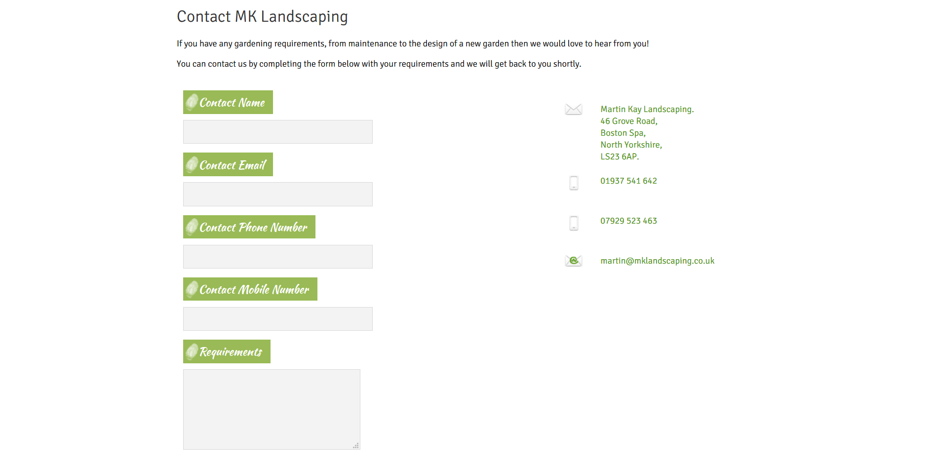 Sample of the design work on the Martin Kay Landscaping website